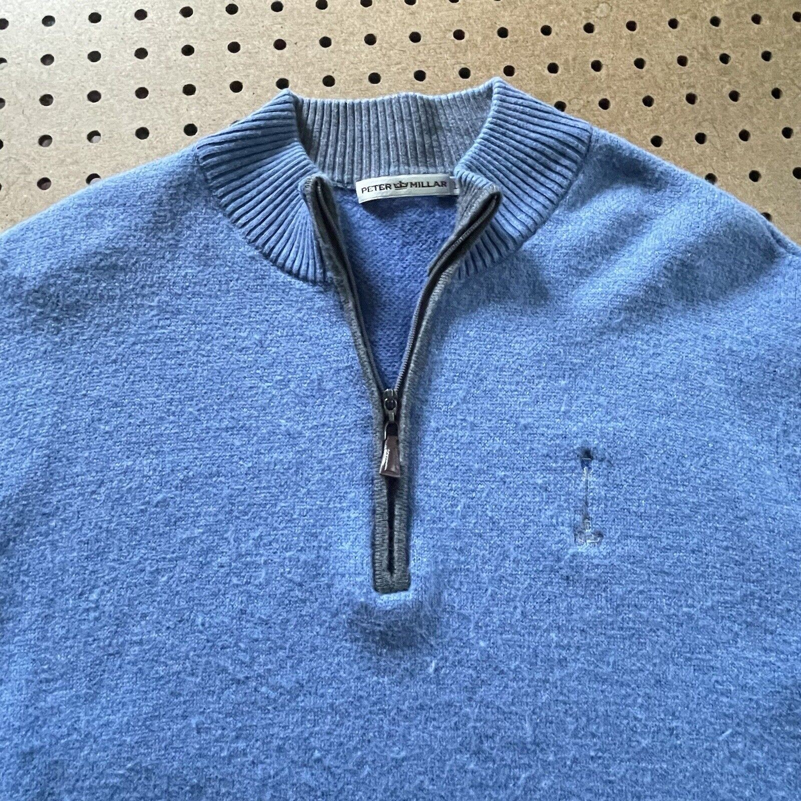 Peter Millar Crown Carmel CC 1/4 Zip Pullover Flannel Wool Blend Blue Large Men