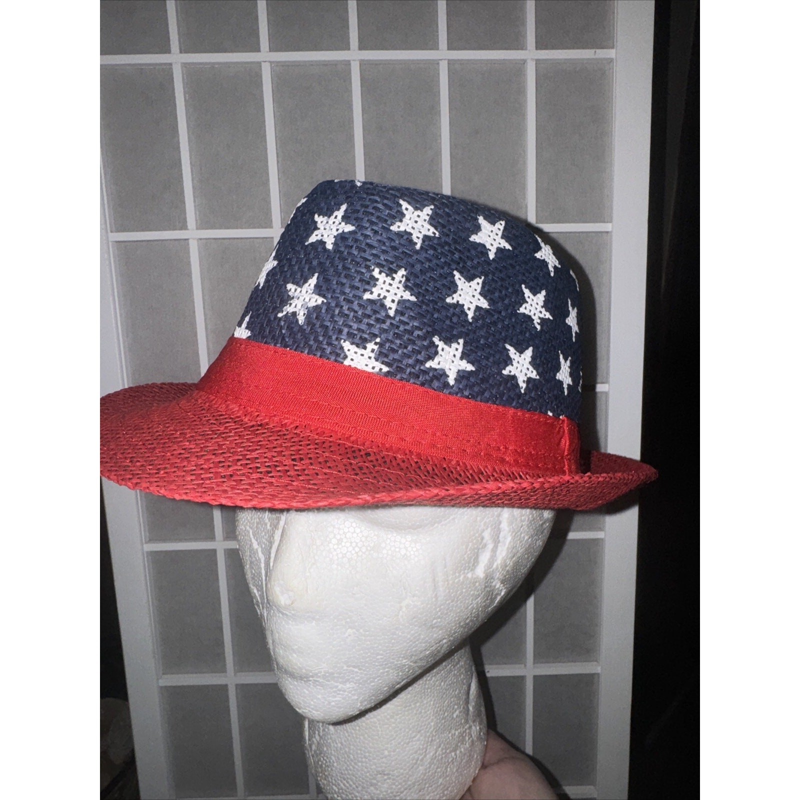 RED WHITE BLUE USA July 4th Stars Patriotic Straw brimmed Fedora Hat