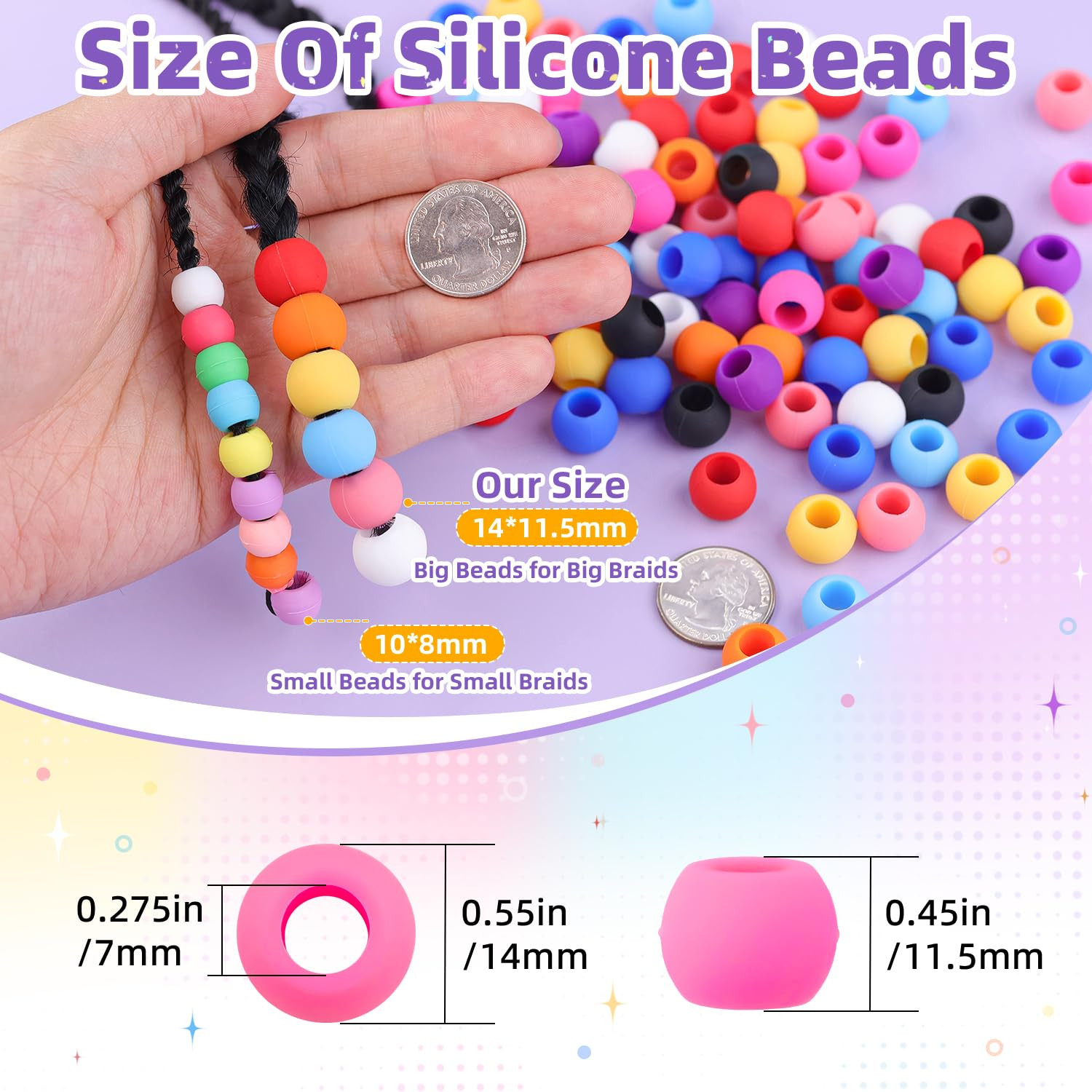120Pcs 14Mm Large Silicone Beads for Hair Braids, Soft Jellyish Hair Beads with