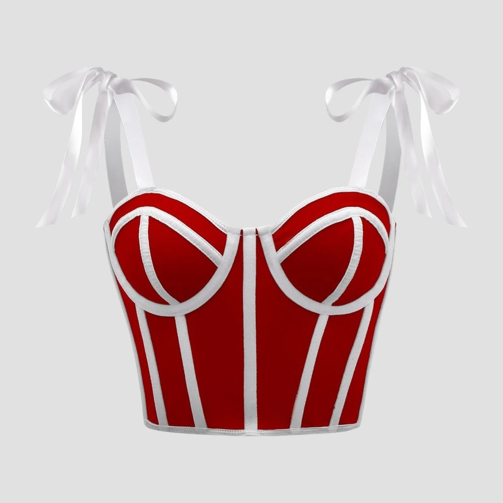 Red White Ribbon Accent Corset Top XL Solid Pattern Normal Strap Women New