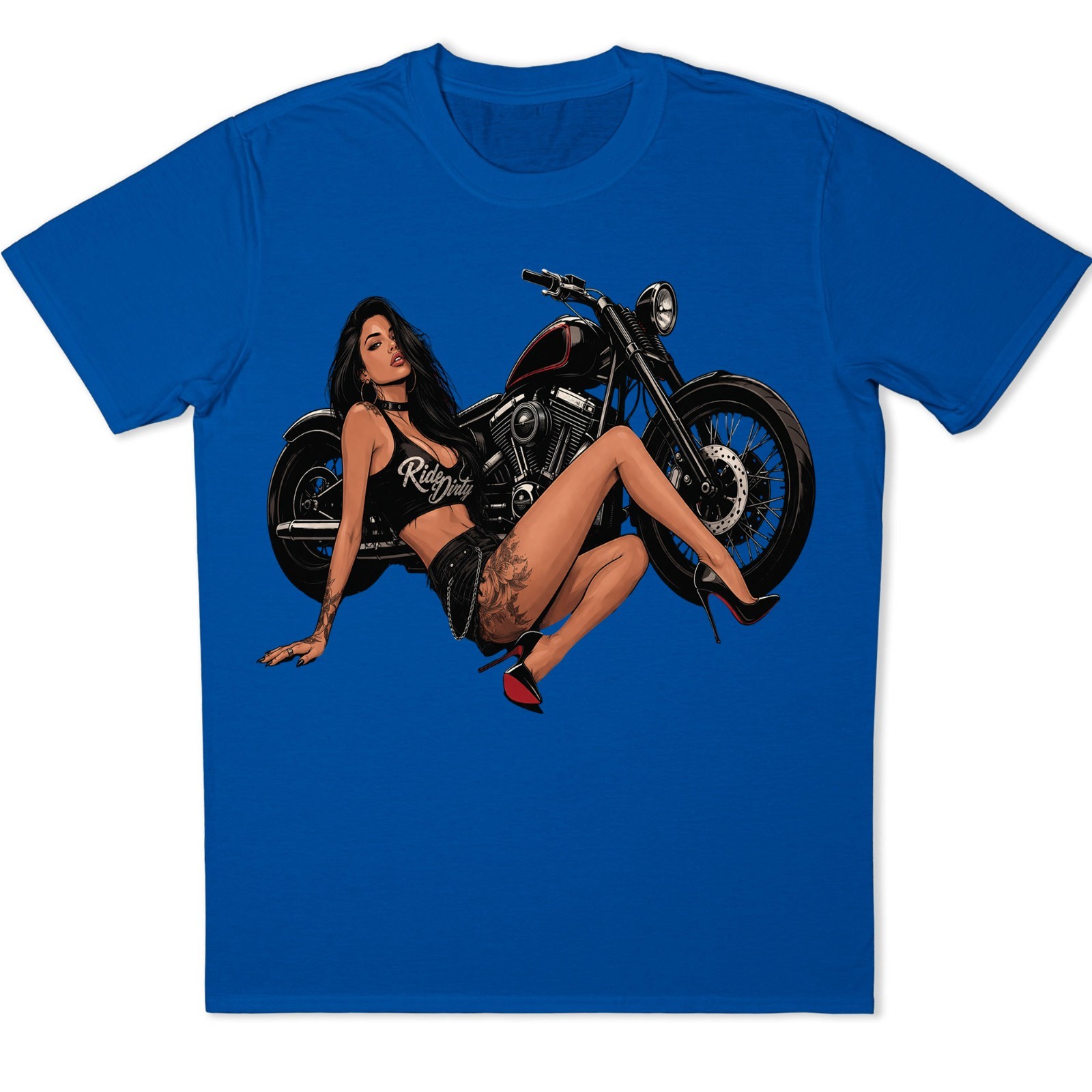Ride Dirty Pinup Girl Biker T-Shirt Motorcycle Tattoo Babe Graphic Tee .