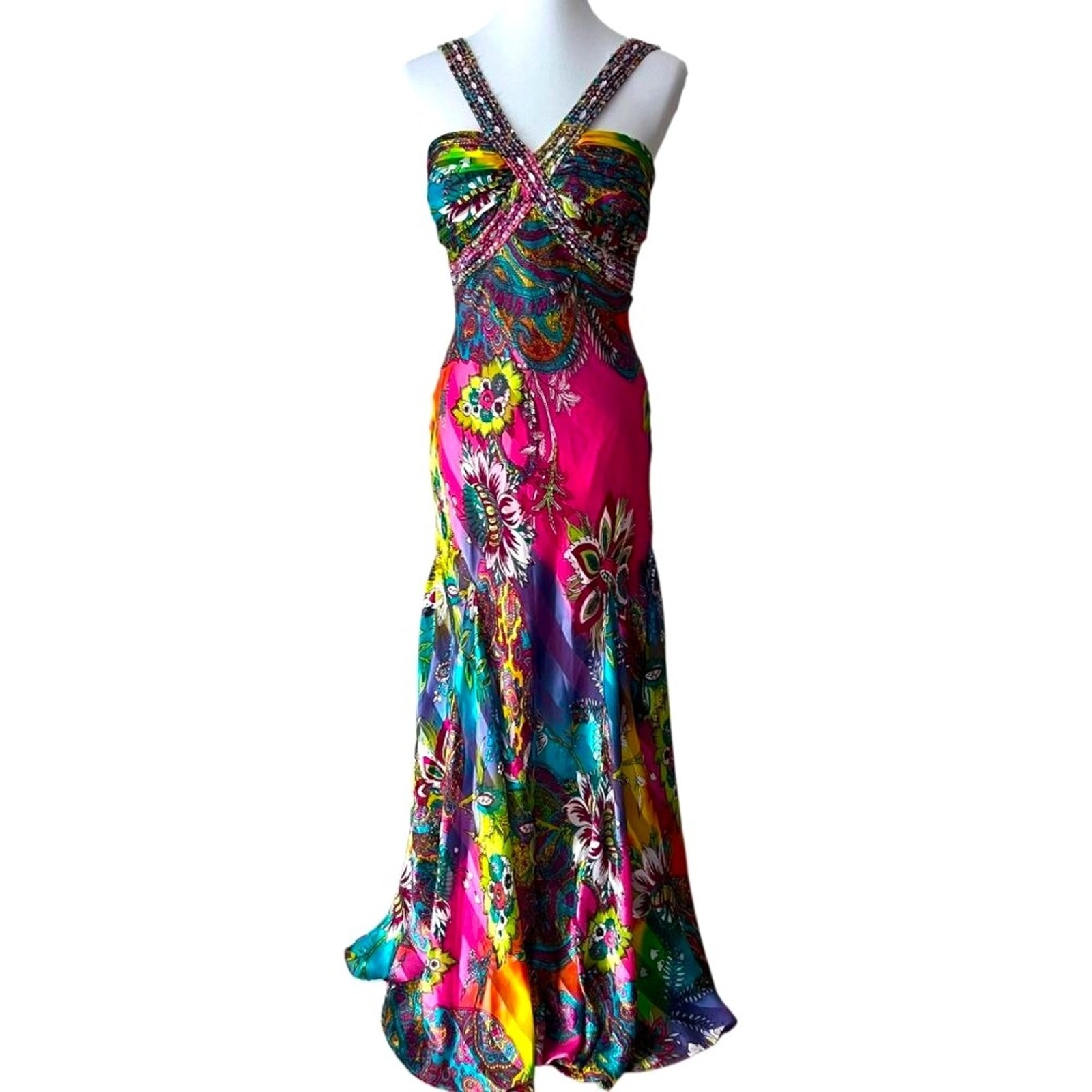 Vintage Formal Dress Small Gown Y2K Fairy Tropical long Boho Beaded Cruise Maxi