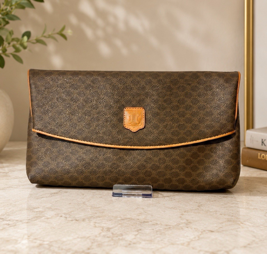CELINE Brown Logo Foldover Clutch Pouch with Inner Pockets