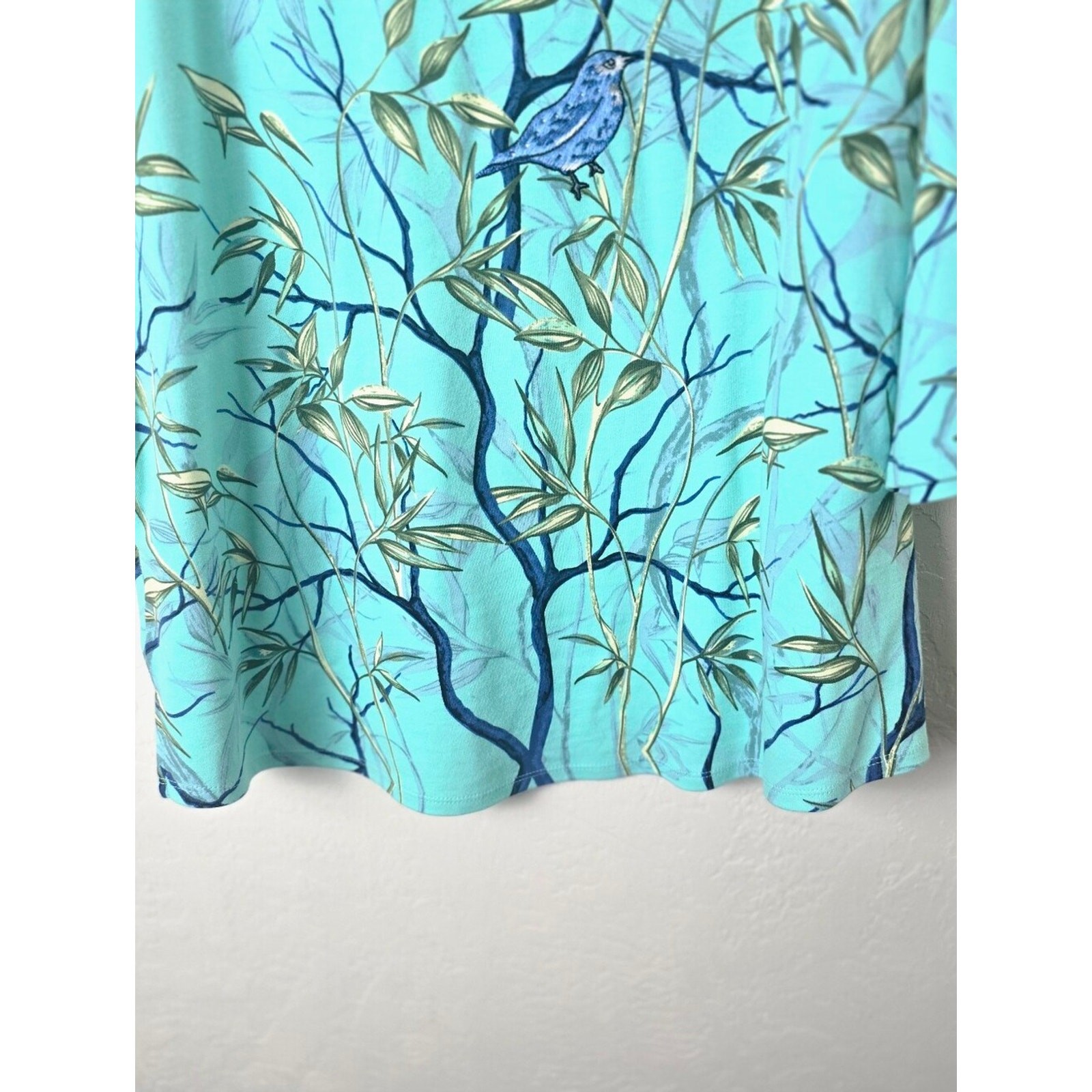 Quacker Factory Jean Bice Bird Print Cotton Tunic XL Aqua Botanical Nature Art