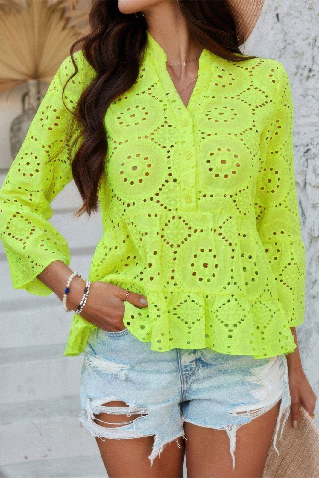 Solid Half Button Flounce Sleeve Peplum Blouse