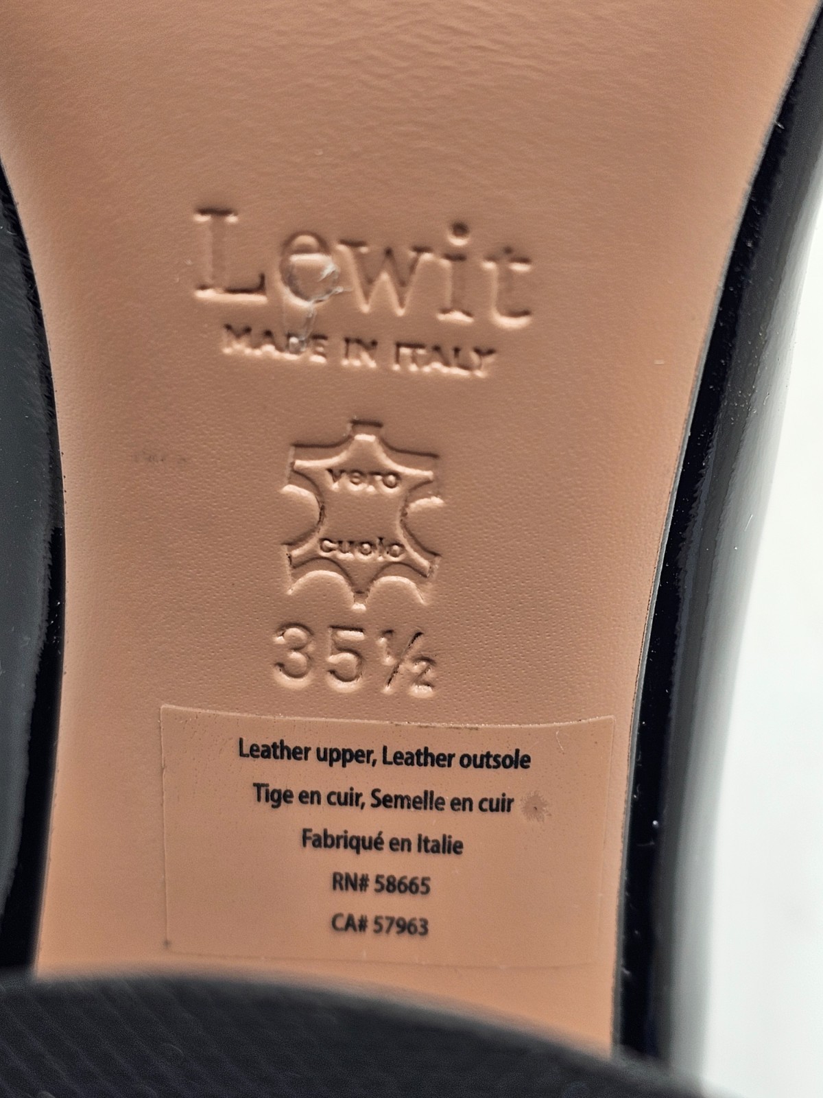 LEWIT Amara Black Patent Leather Metal Bar Block Heel Pump Size 35 1/2