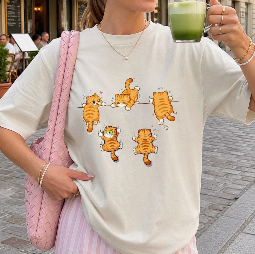 Funny Orange Tabby Cat Shirt Cute Cats Climbing Hanging On Graphic Cat Lover Tee
