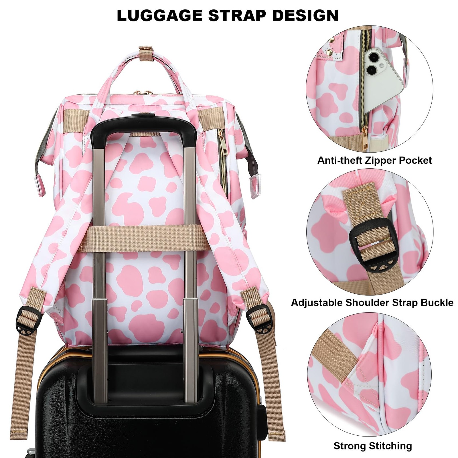 Pink Cow Print Large Travel College Laptop Backpack Bookbag Fits 15.6 Inch