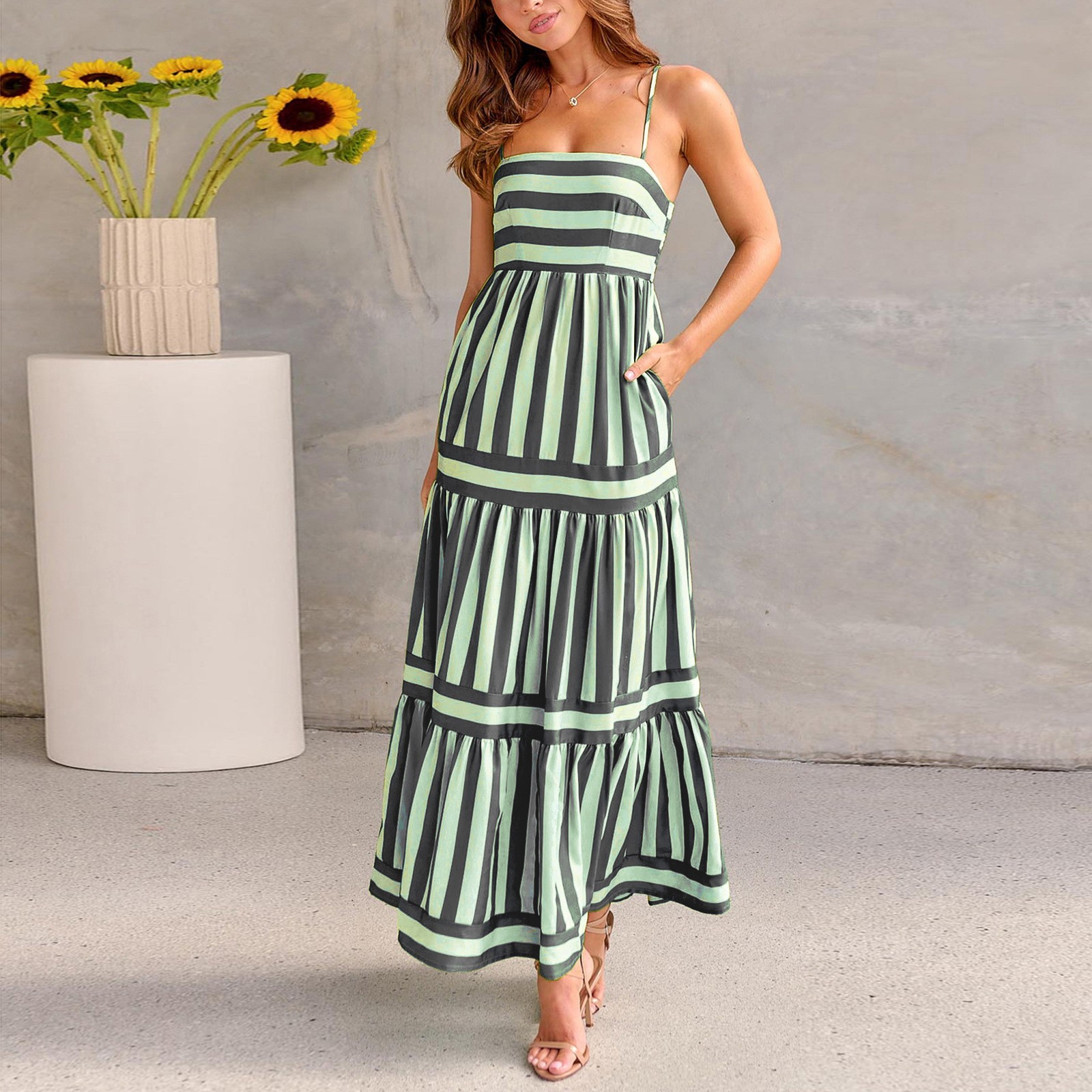 Summer Striped Printed Suspender Long Dress w Pockets Backless Dresses for Beach