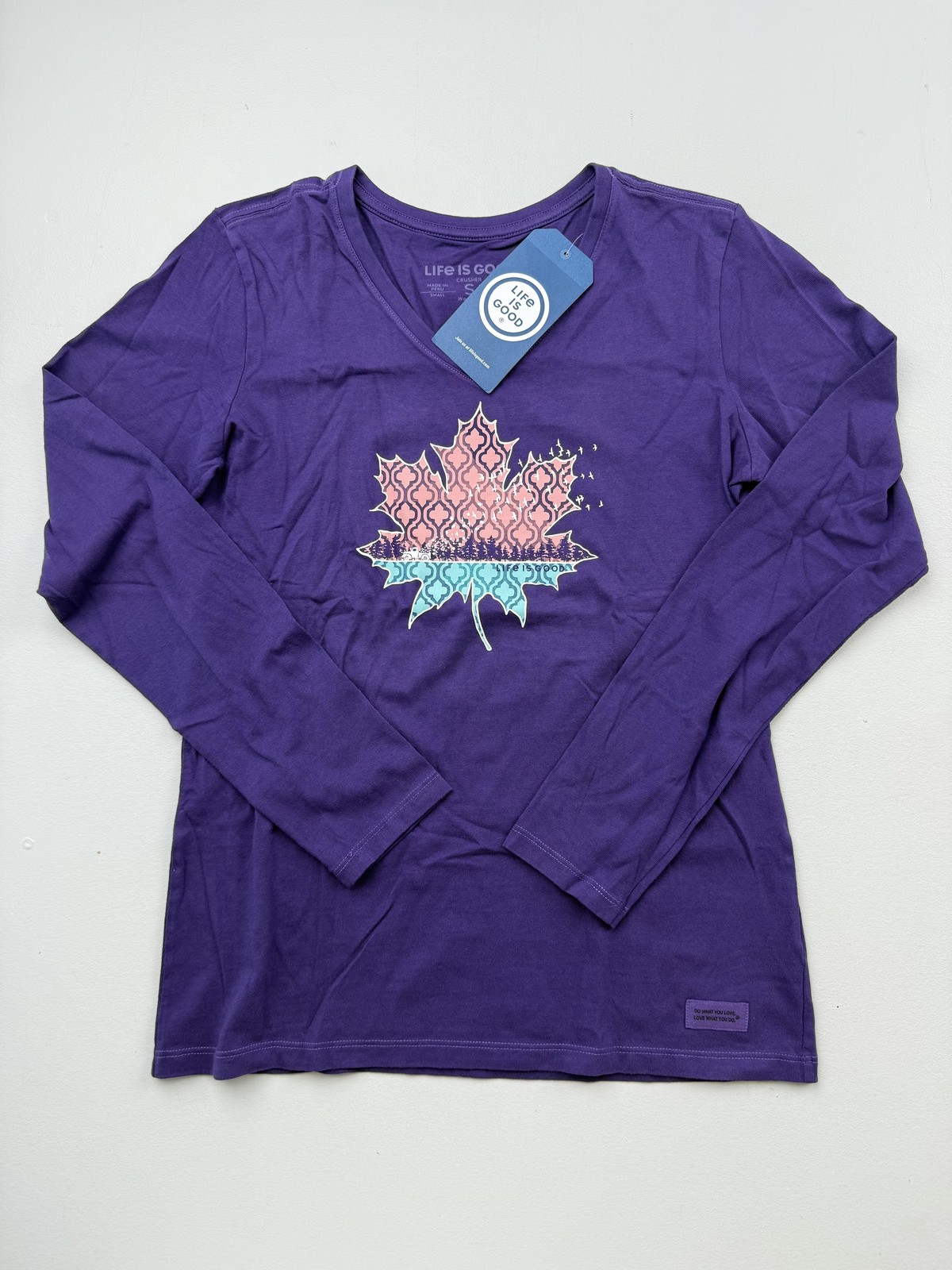 Life Is Good Shirt Womens S Purple V Neck Long Sleeve Leaf Fall Graphic Top