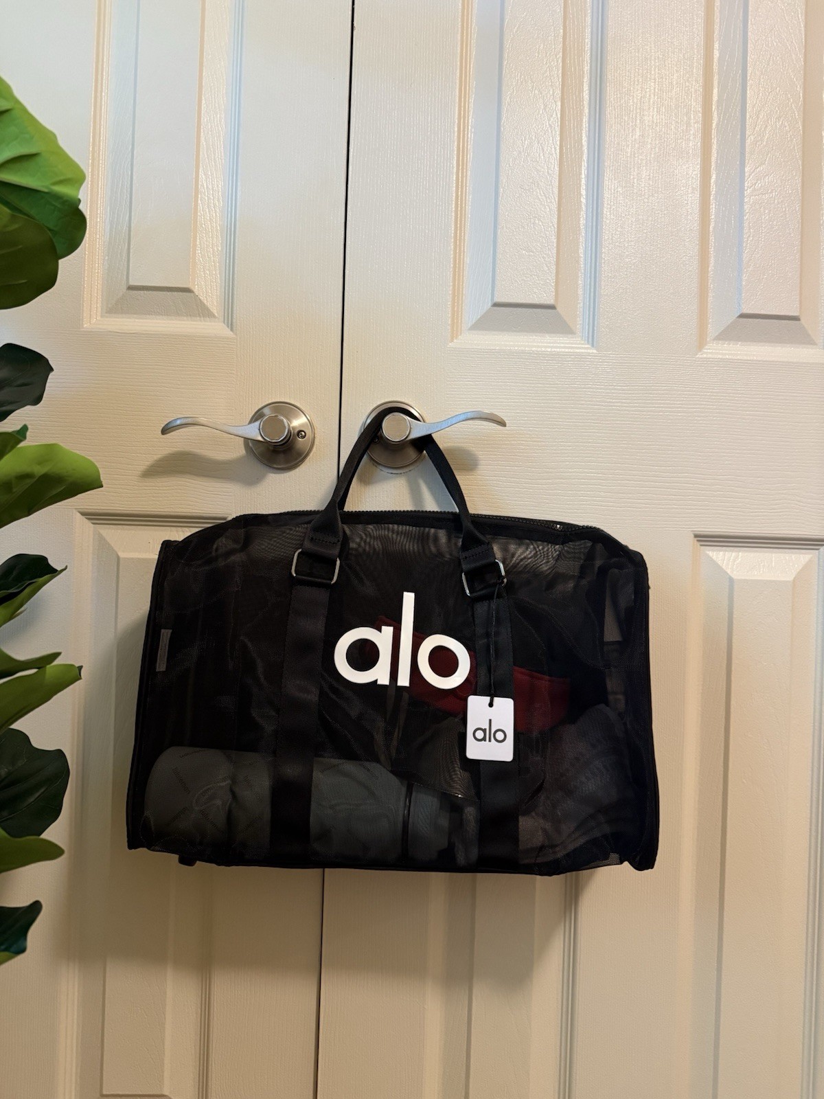 Alo Yoga Mini Sheer Duffle Bag Black Mesh Tote Lightweight Gym Travel Handbag