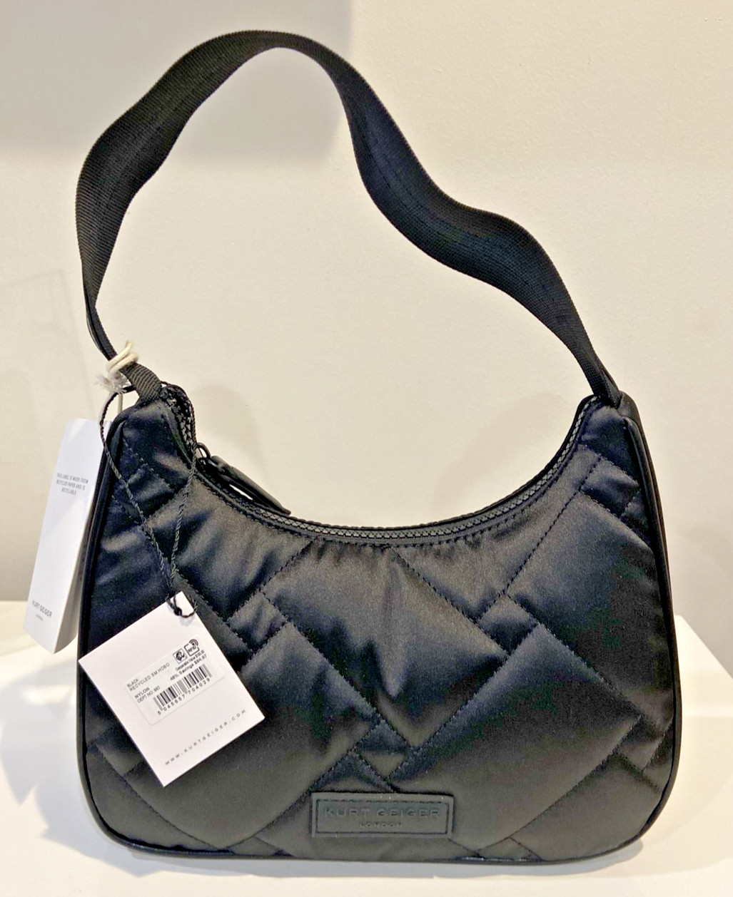 Kurt Geiger Small Black Recycled Nylon Quilted Shoulder Lightweight 10″x7″x3″