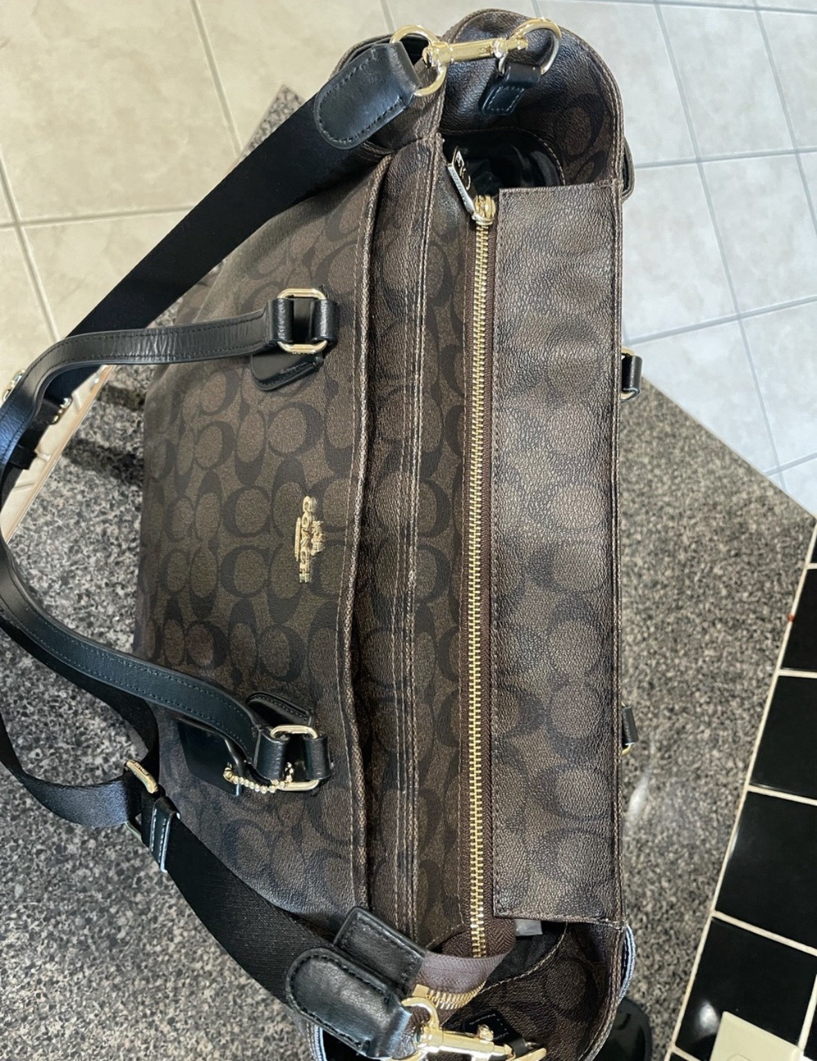 Coach Signature Logo Medium Tote Shoulder Bag Brown/Black Zip, Detachable Strap