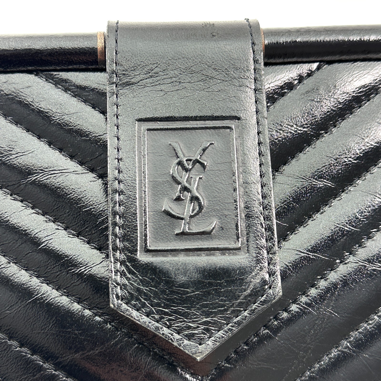 Yves Saint Laurent Black Leather Clutch Bag V stitch YSL Purse Vintage Authentic