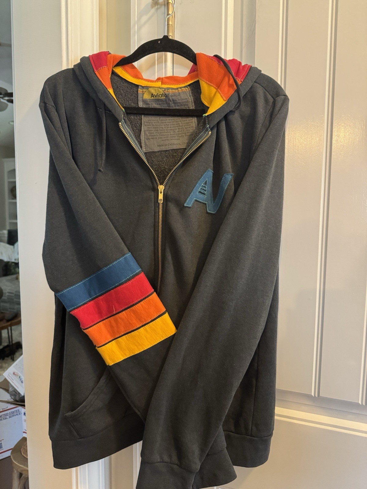 Aviator Nation Rare Rainbow Zip Up Hoodie With Pockets. Missed Stitch In Hood.