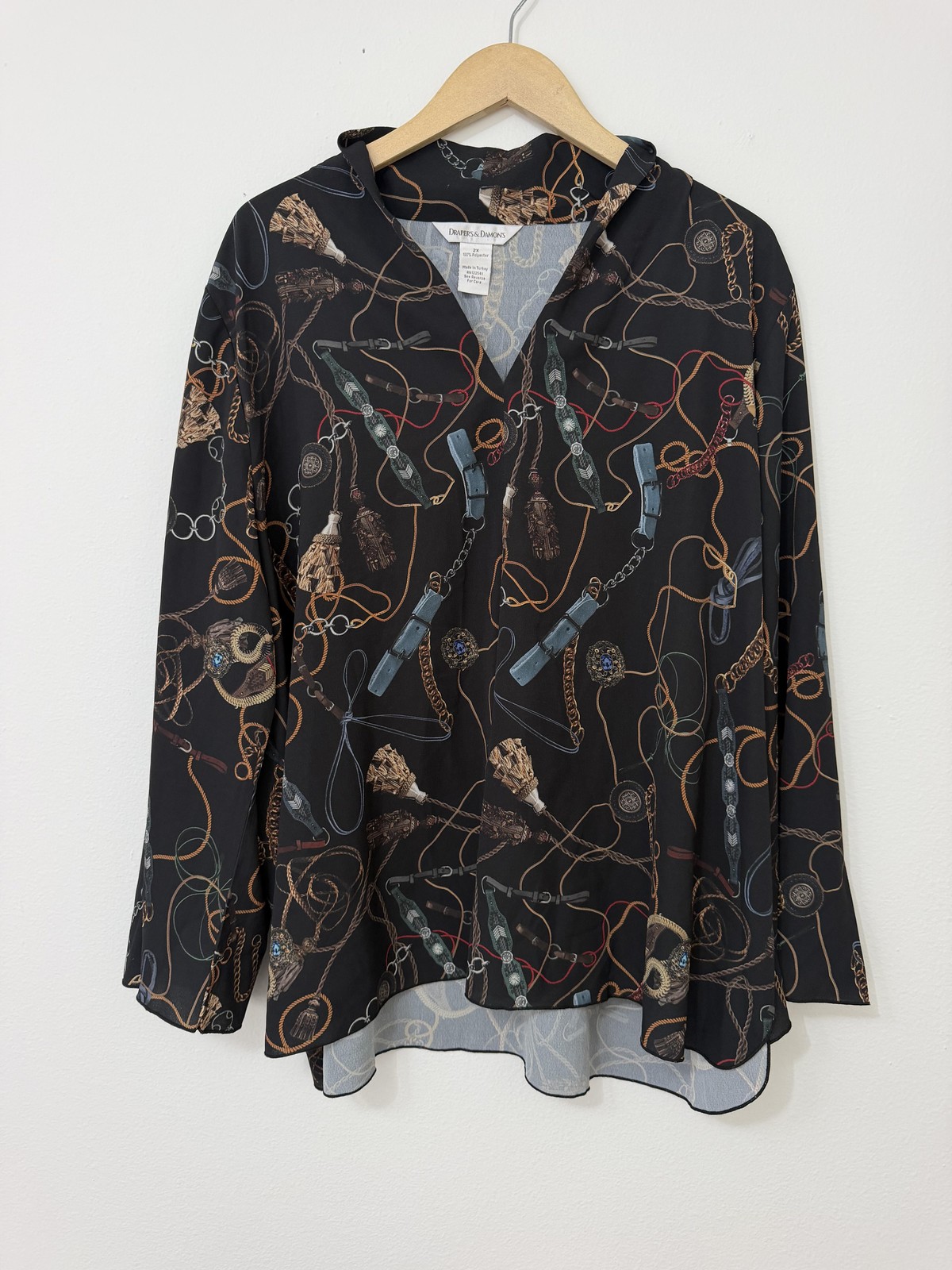 Draper’s & Damon’s Top Womens 2X Black Equestrian Print Tunic Blouse Chiffon