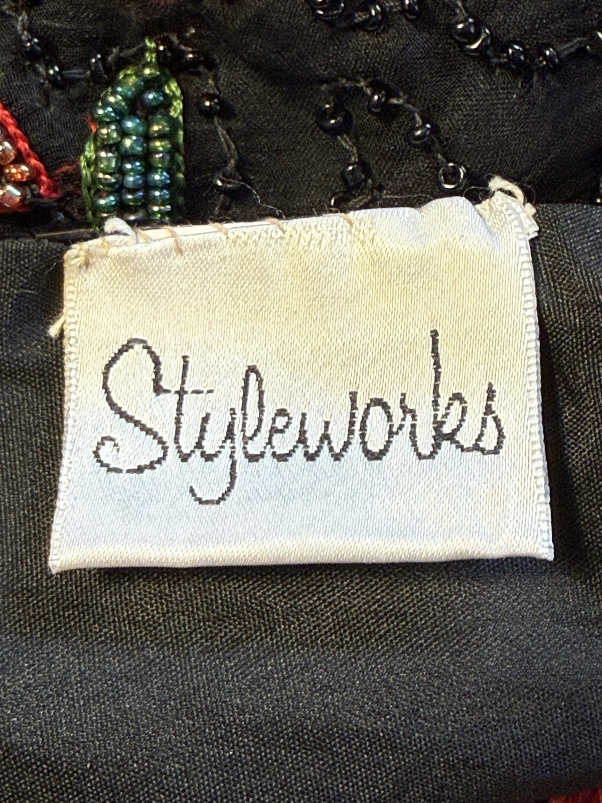 Styleworks Black Silk Scarf With Intricate Floral Beadwork New 20x76in
