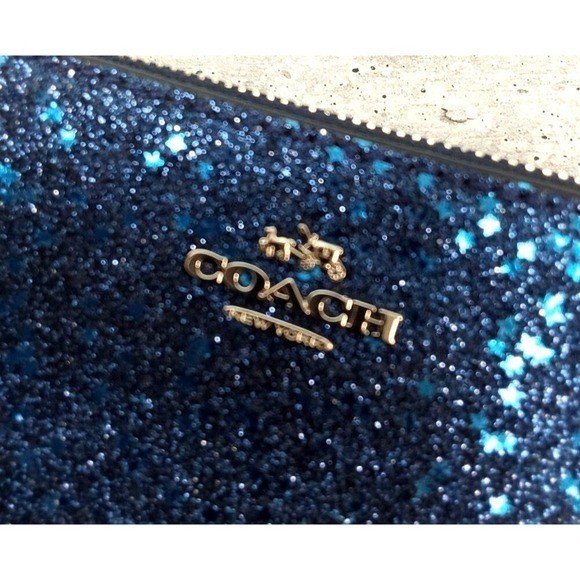 Coach Corner Zip Wristlet Glitter Star Navy Cross grain Leather