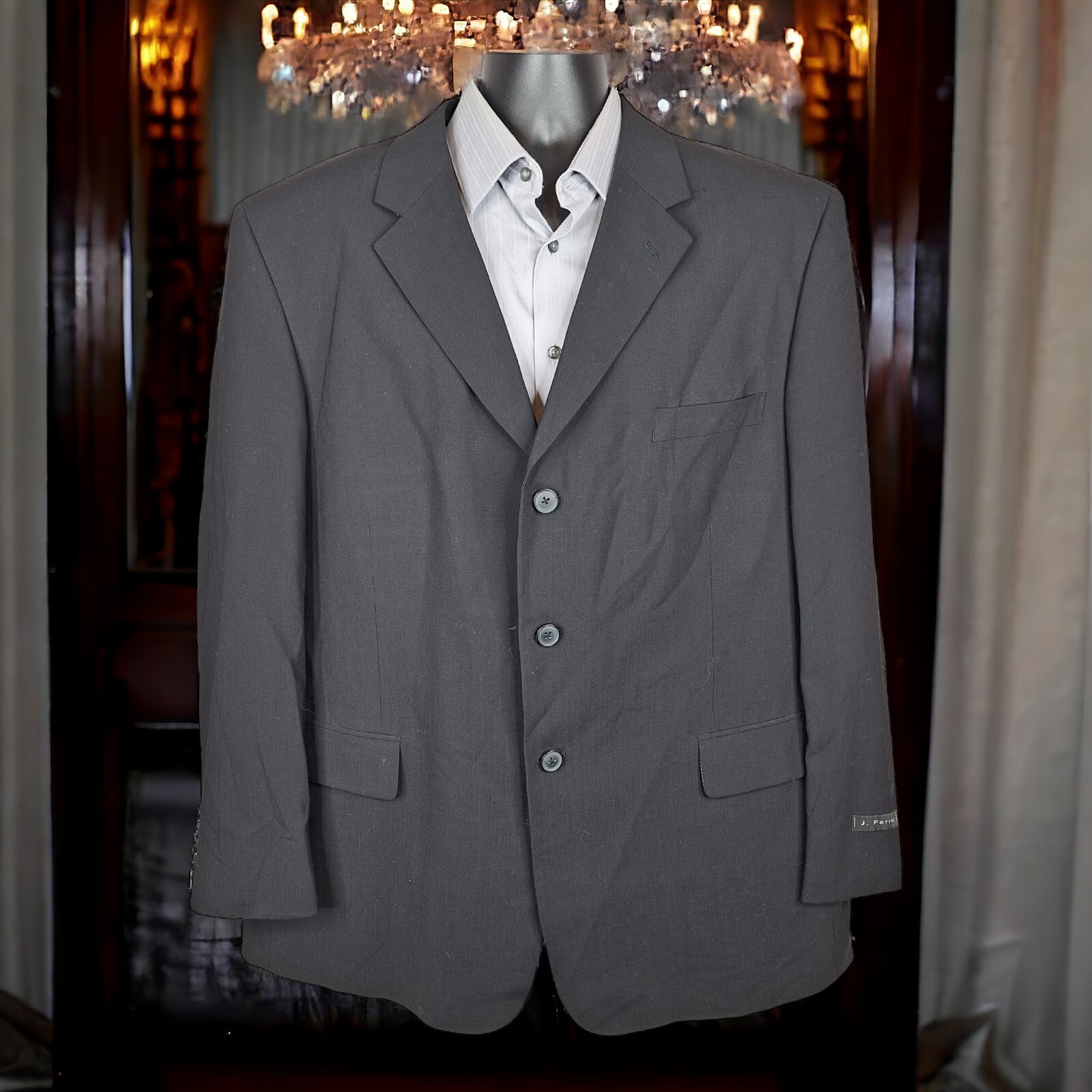 J. Farrar Sport Coat Blazer Mens 48R Black 3 Button Ventless Wool