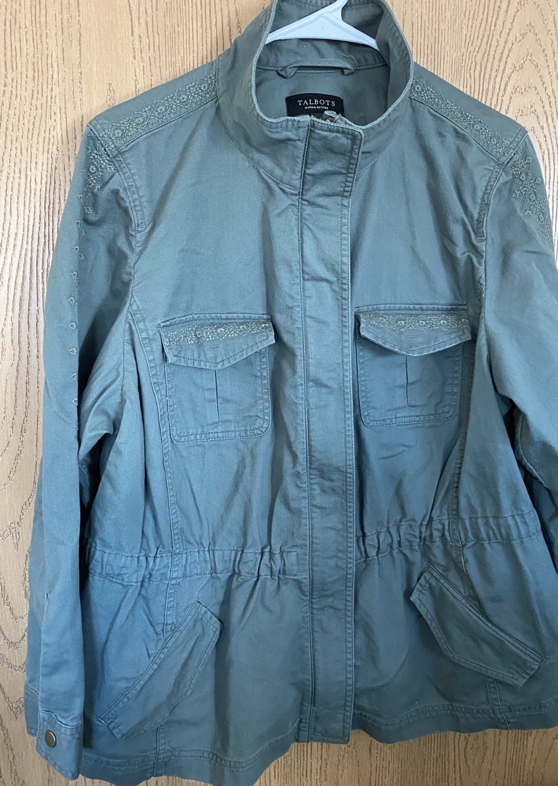 TALBOTS Embroidered Trim Cotton Safari Roll Tab Cinch Jacket Sz 2Xp