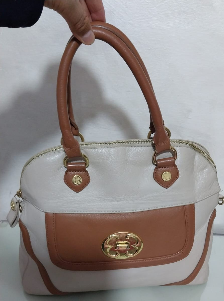 Authentic Emma Fox Leather Satchel Handbag – Cream & Tan