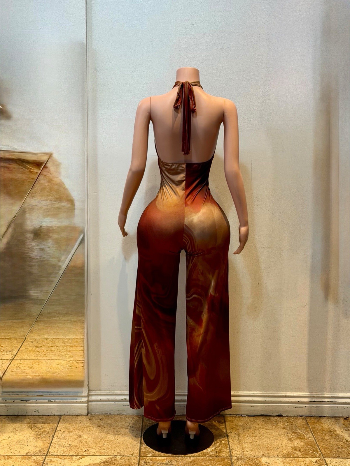Women’s Brown Beige Abstract Halter Backless Wide-Leg Jumpsuit One-Piece Size S