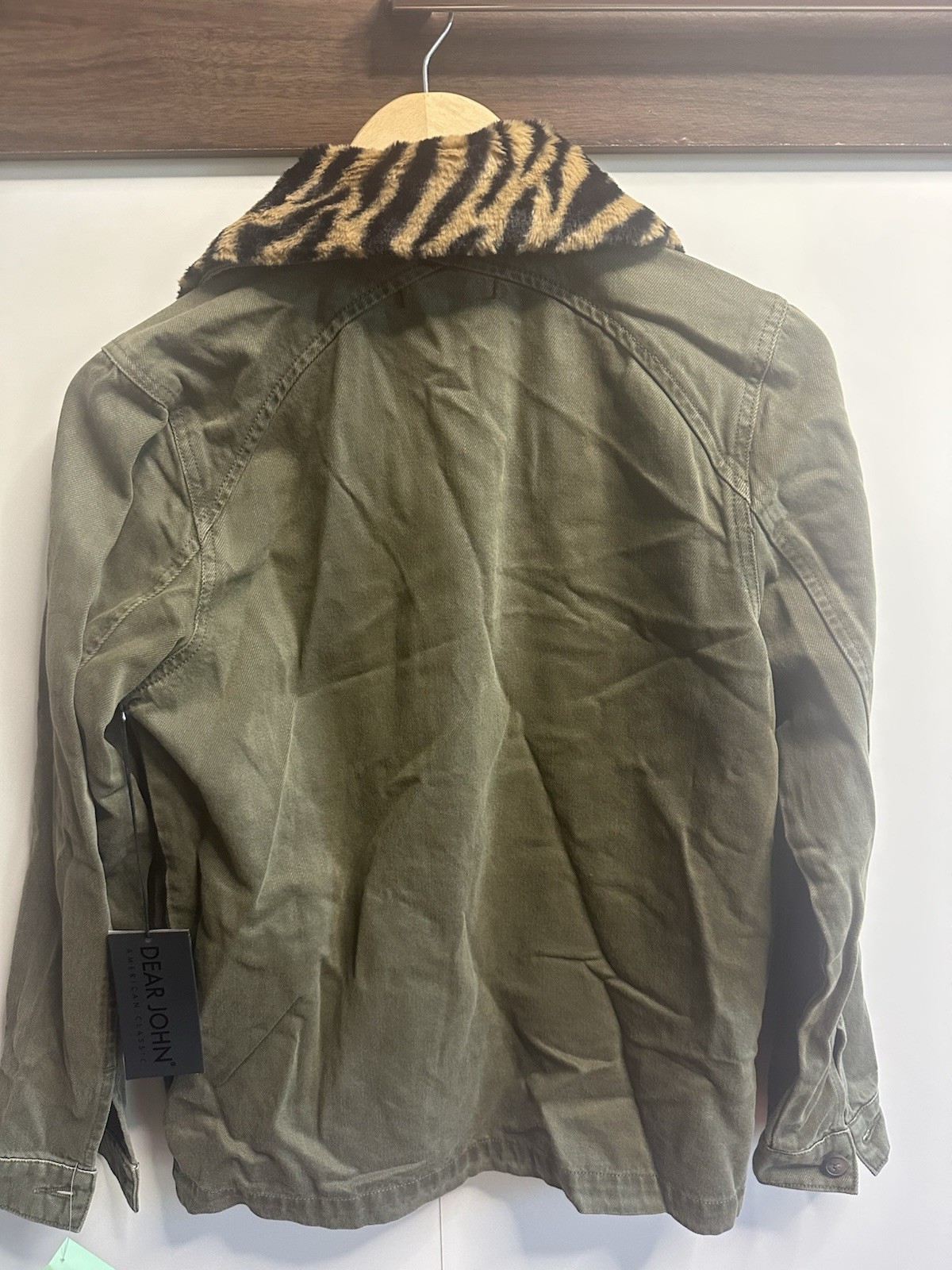 Dear John Olive Animal Print Collar Button Jacket XS Women, Pockets