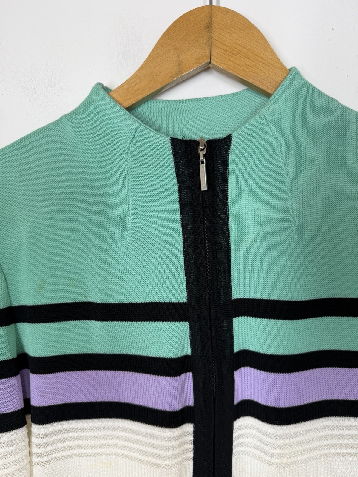 Ming Wang Cardigan Jacket Size Medium Stripe White Black Purple Green 3/4 Sleeve