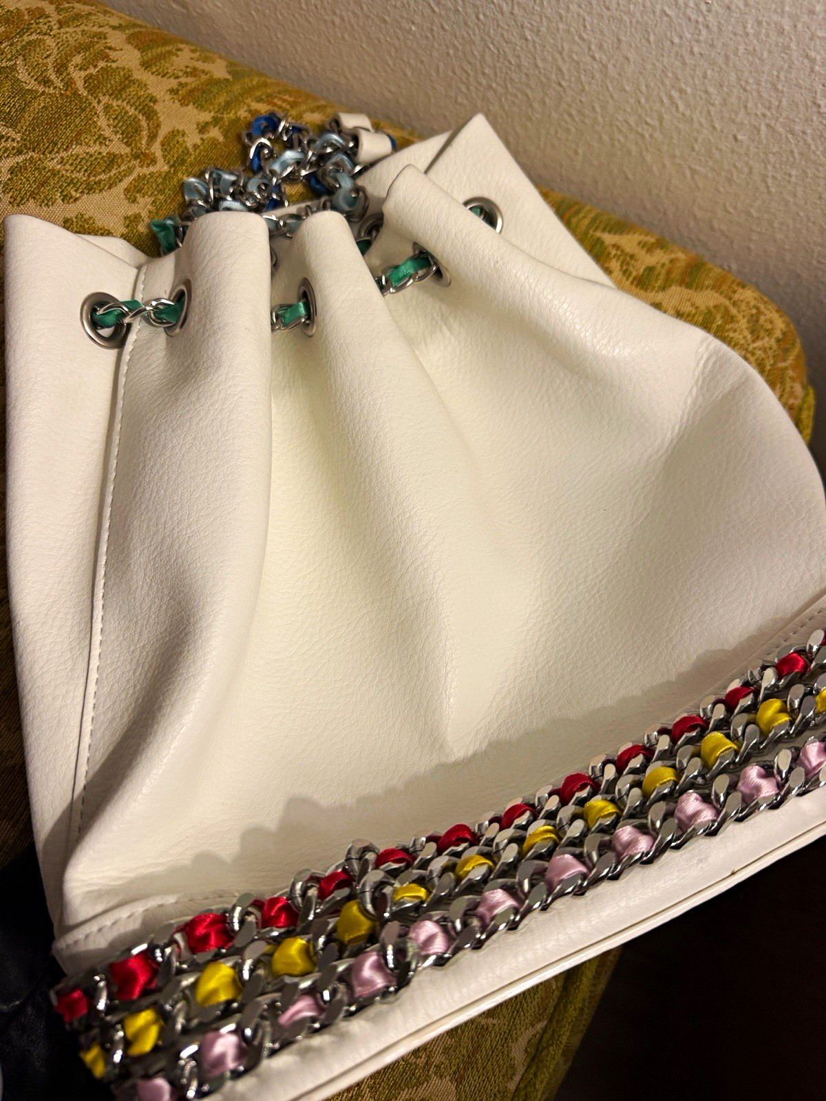 Betsey Johnson White Small medium Drawstring Bag Multicolor Chain Strap