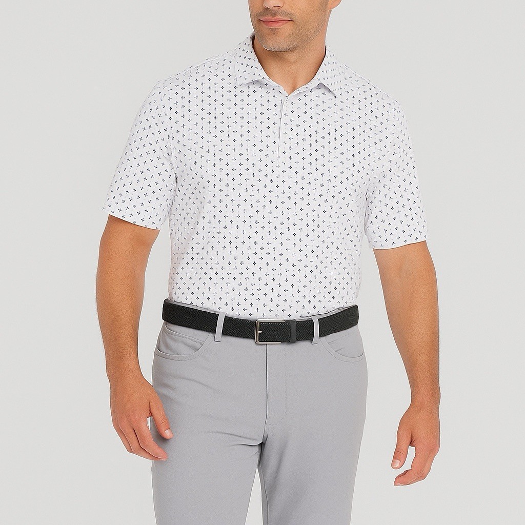 Greg Norman ML75 PlayDry Polo Shirt, White Blue Print, XL, Golf Moisture Wicking