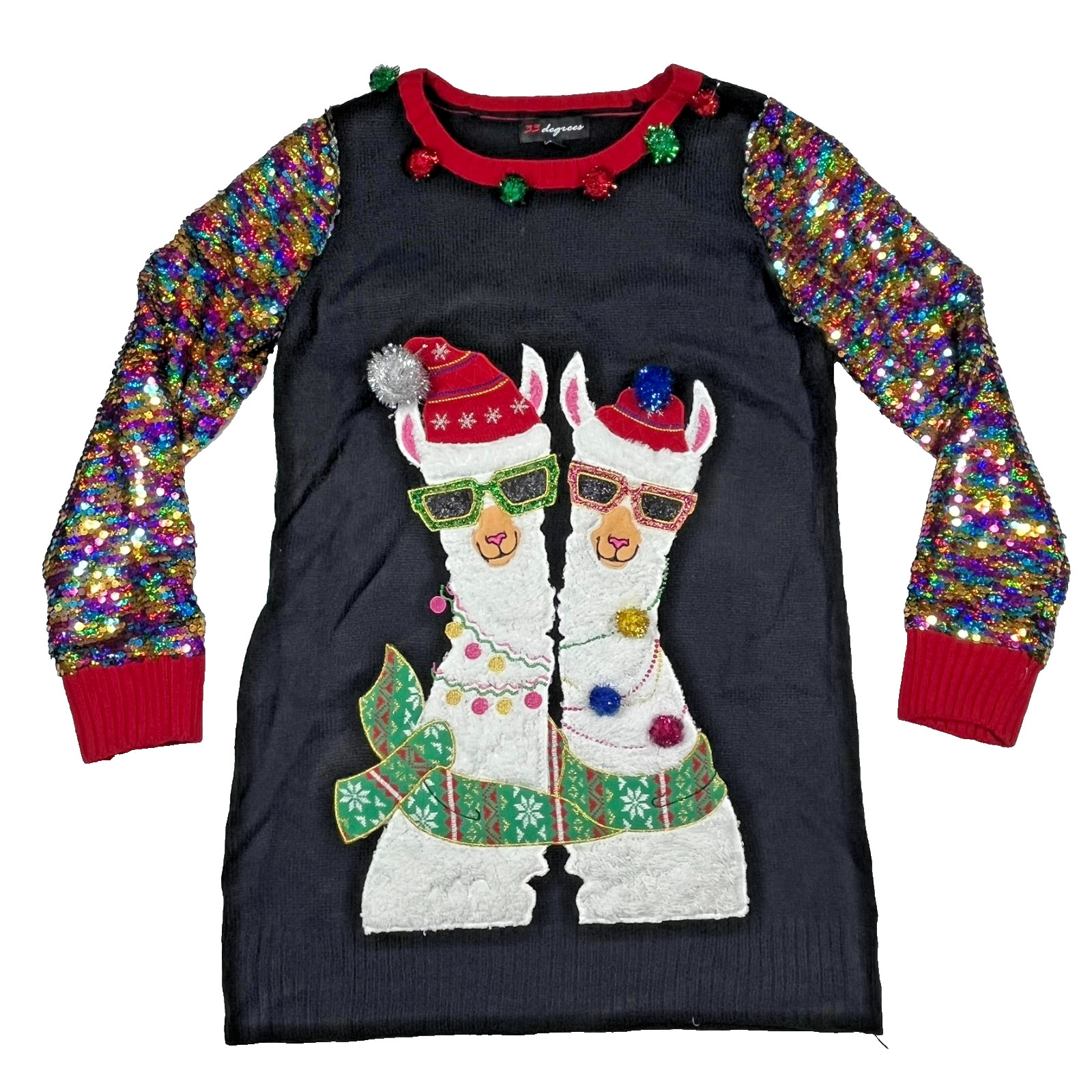 33 Degrees Ugly Christmas Sweater Women’s L Sequins Pom Pom Tinsel Holiday Party
