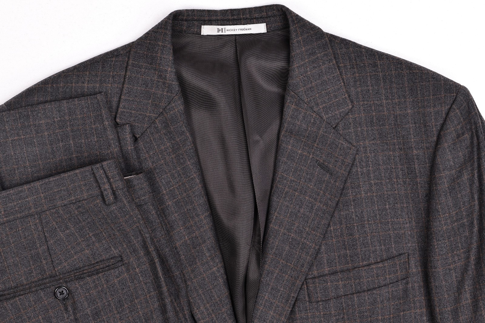 Hickey Freeman Charcoal Wool Plaid Check Suit 42 R Pleated Pants 37×31