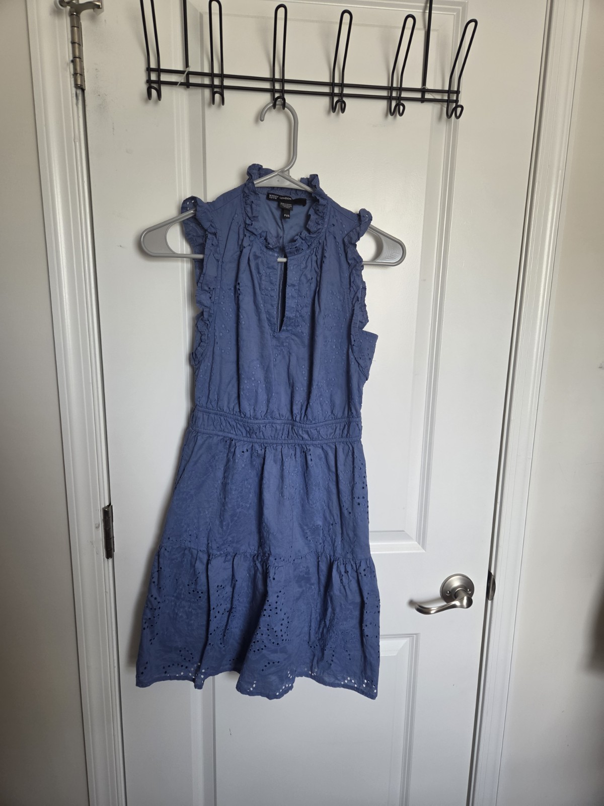 Maggy London Blue Eyelet Ruffle Fit & Flare Knee Dress Sleeveless Zip PXS