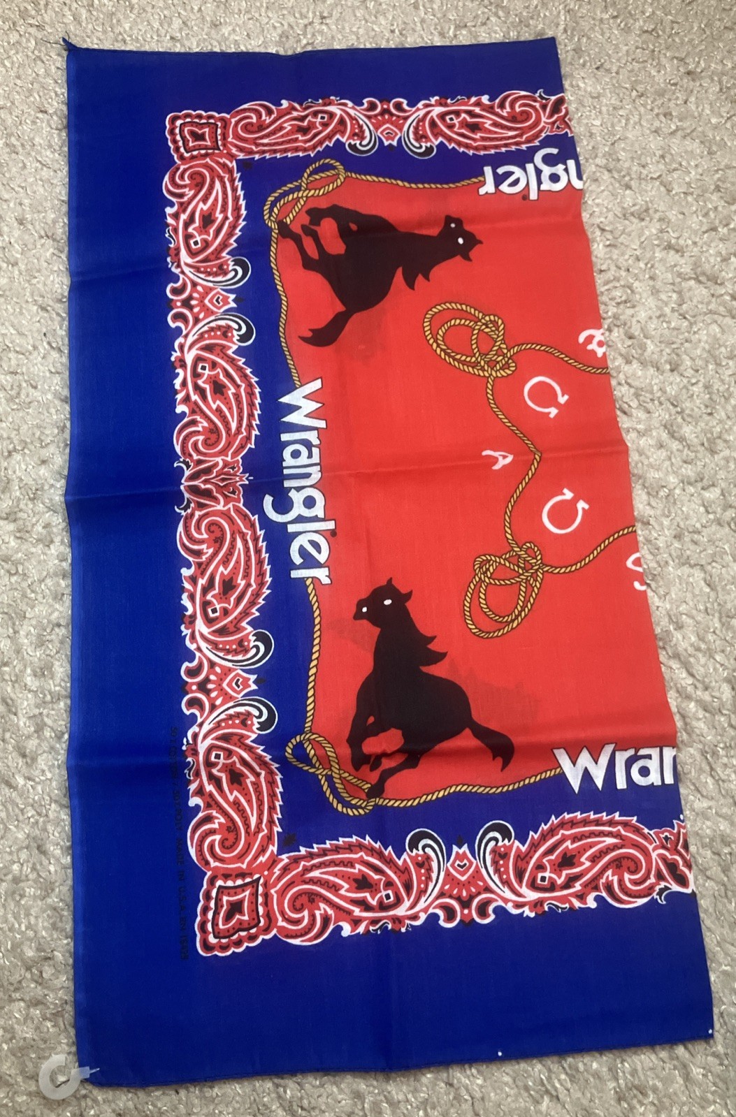 Vintage Wrangler Cowgirl Rodeo Queen Handkerchief Bandana 22″ x 21″ Red Blue