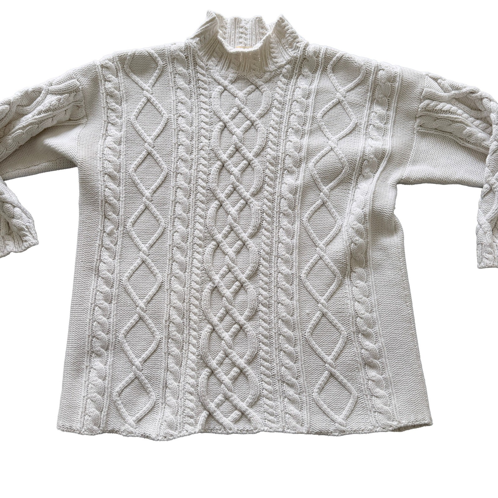 Hand Frame Knit Cream Cable Knit Mock Neck Sweater Womens Fisherman Cotton M