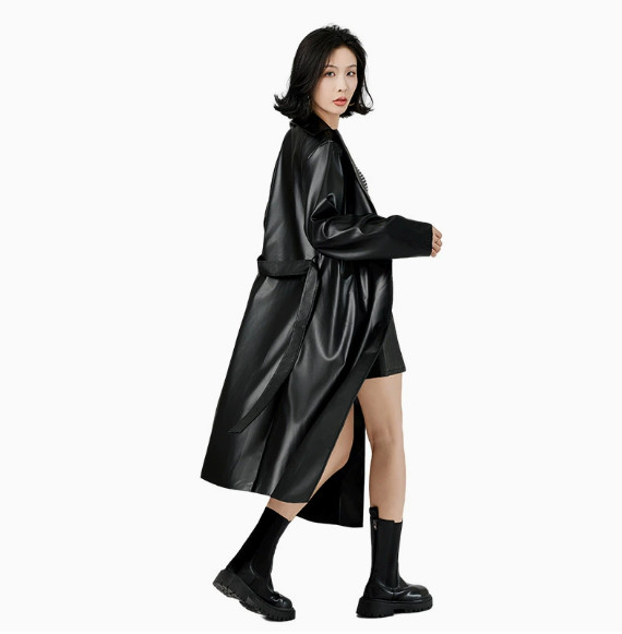 Women Trench Coat Long Loose Jacket Faux Leather Overcoat with Belt Long PU Coat