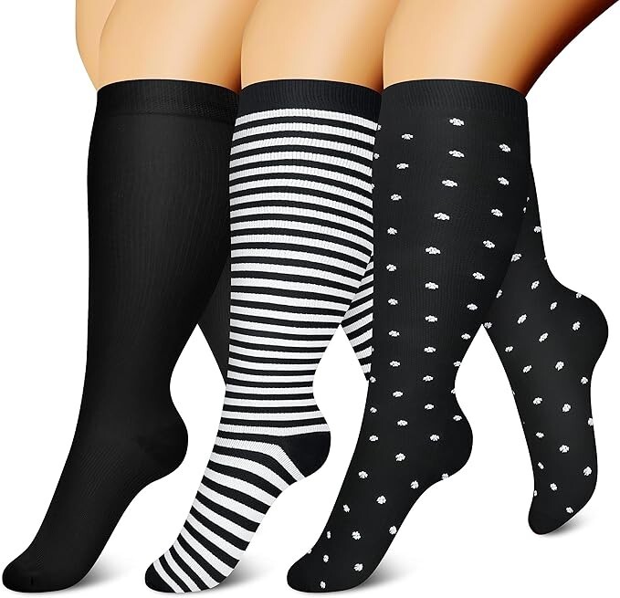 3 Pairs Plus Size Compression Socks for Women & 5X-Large Black/White/White