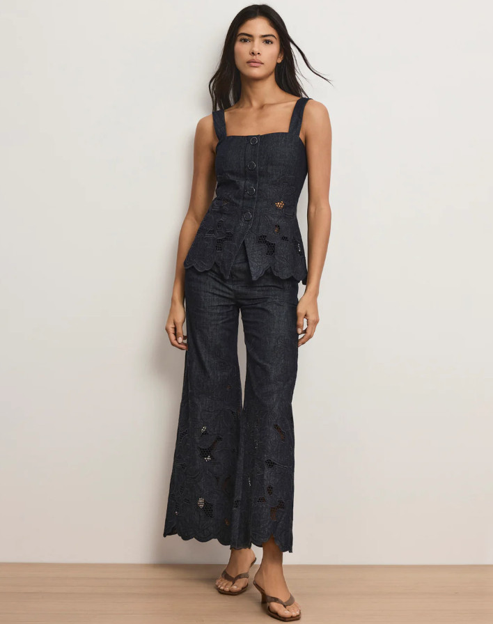 NEW VERONICA BEARD Osborne Wide-Leg Eyelet Pant Indigo Rinse 0-12