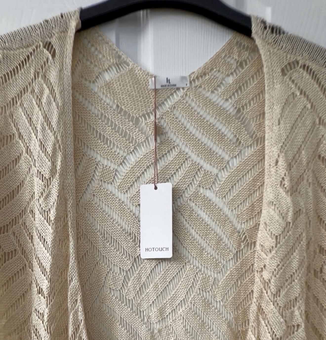 HOTOUCH Women’s Cream Geometric Knit Open Cardigan Sweater w/ Fringe Size S