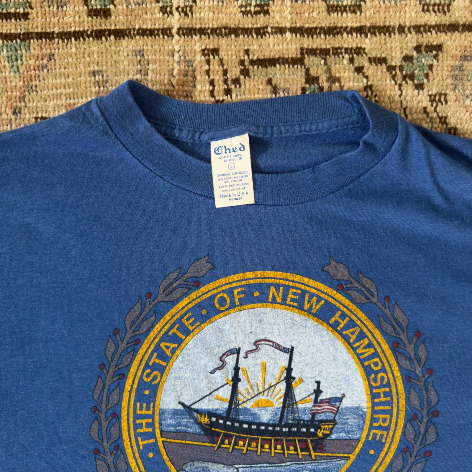 Vintage Ched by Anvil New Hampshire State Seal T-Shirt Blue 50/50 Made in USA L