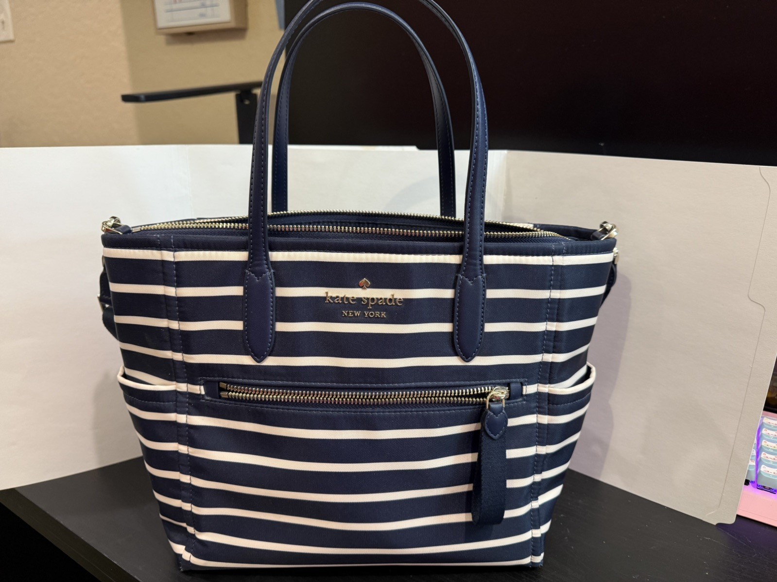 kate spade purse navy blue with white stripes gold hardware 10Wx8.5H