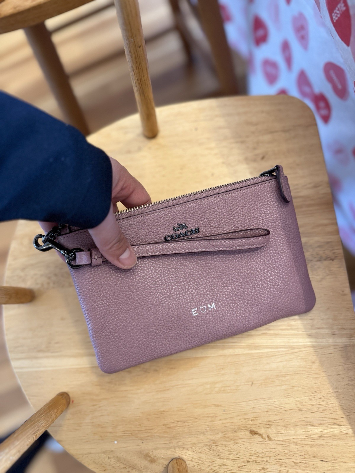 Coach Mauve Pebbled Wristlet with Hot Stamped Custom Initials, Logo, Zip Closure
