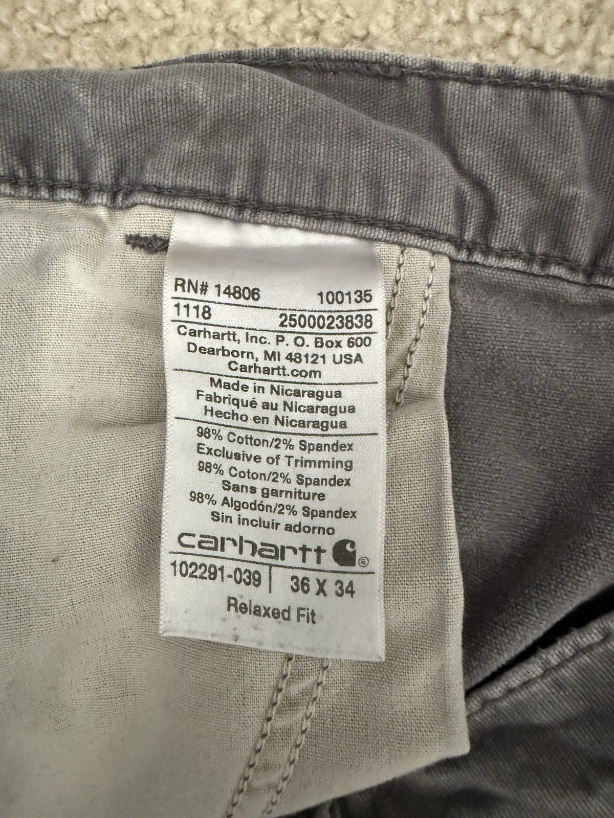 Carhartt Relaxed Fit Carpenter Work Pants 36×34 Gray Canvas Dungaree