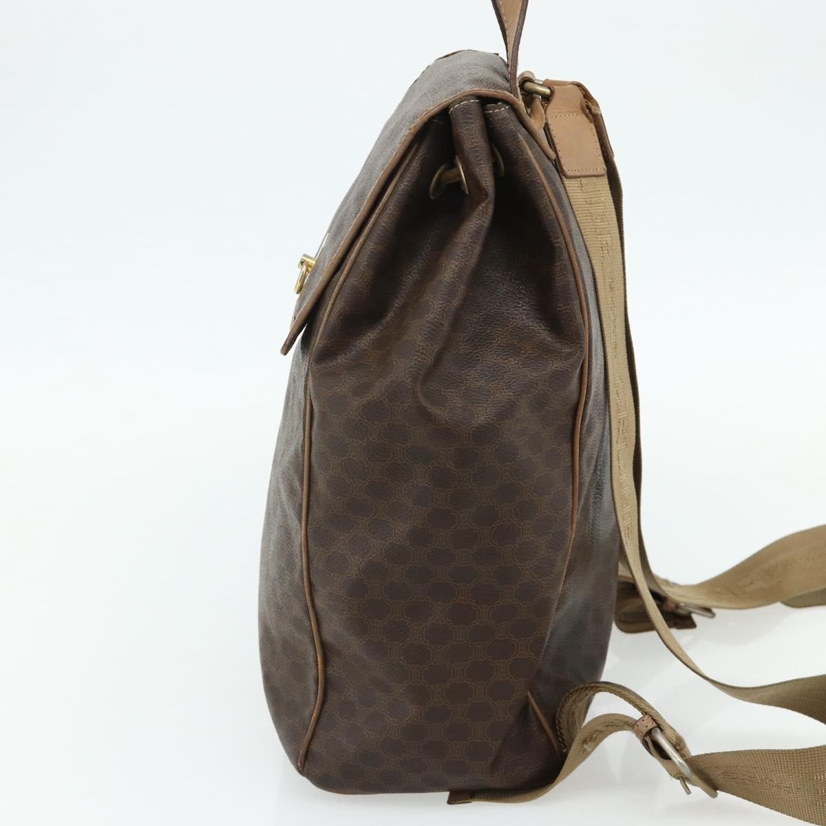 CELINE Macadam Canvas Backpack PVC Leather Brown Gold Auth fm5320