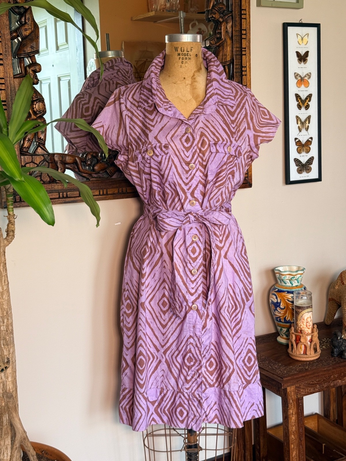 Global Mamas Cotton Lavender/Brown Batik Dress Size L