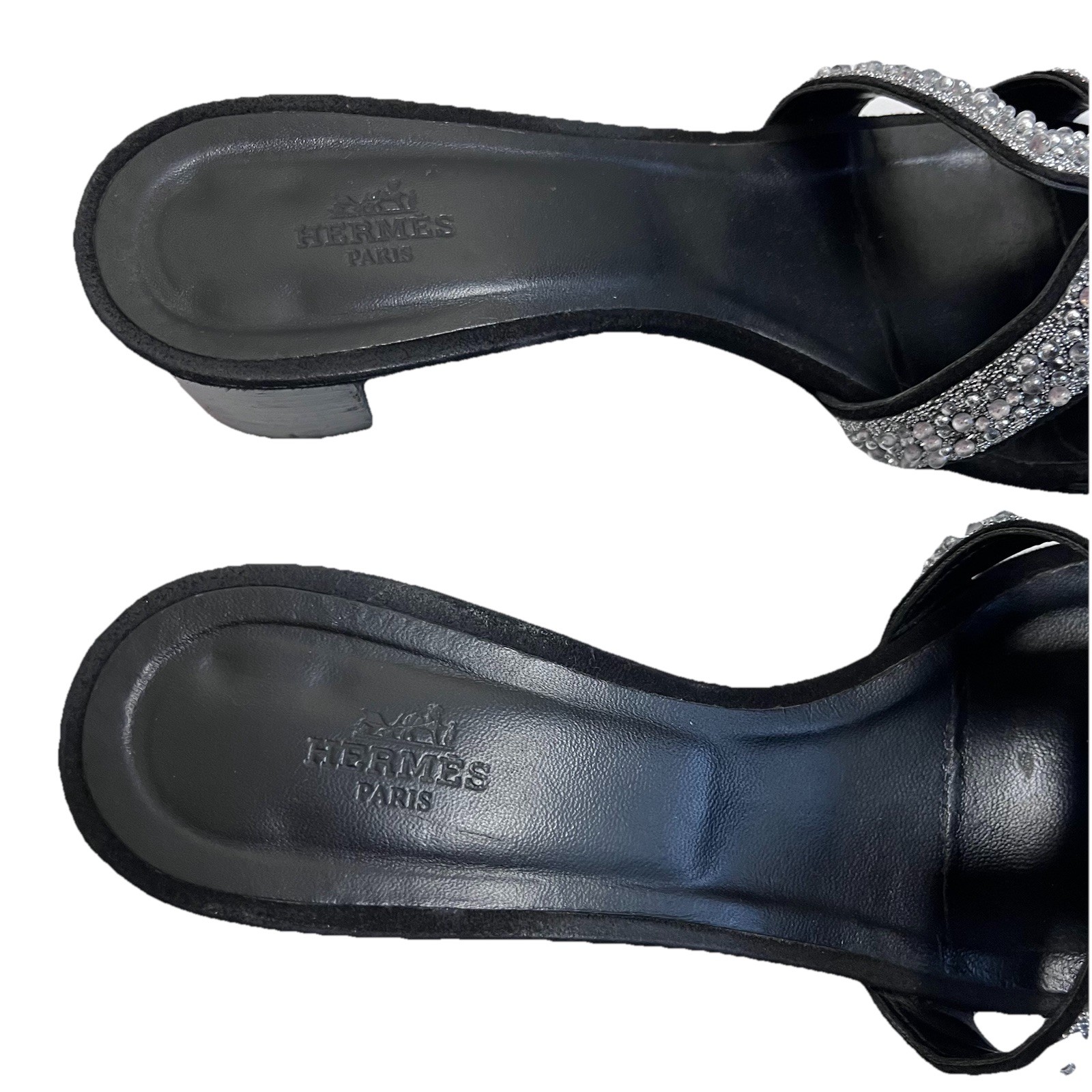 Hermès Oran Crystal Heeled Mule Sandals Black Leather 40 Silver Glitter Heels
