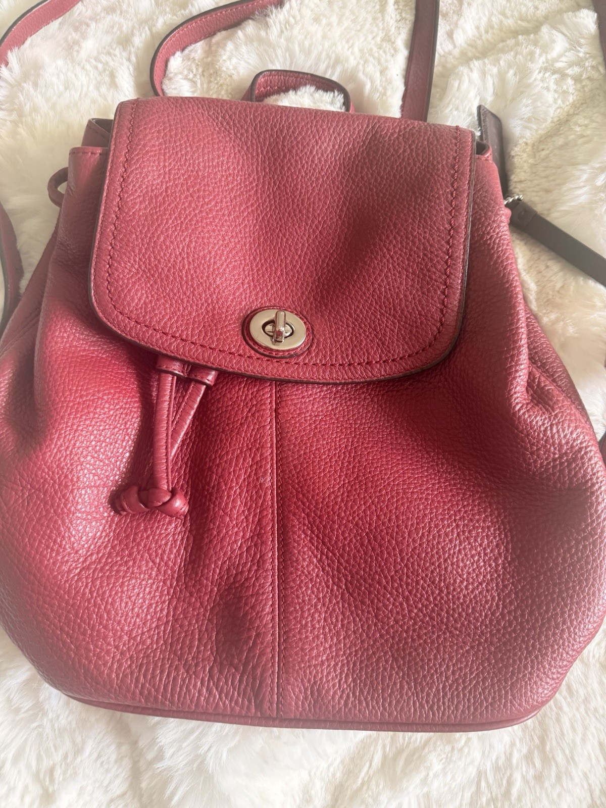 Coach F24385 Leather Backpack Red Pebbled Leather Turnlock Drawstring Bag