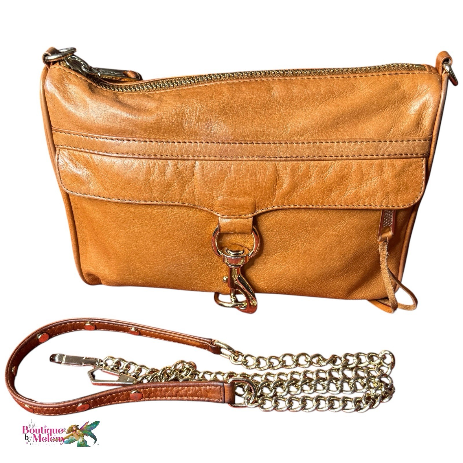 Rebecca Minkoff Crossbody Bag Purse Camel Leather Fringe Zipper Chain Strap