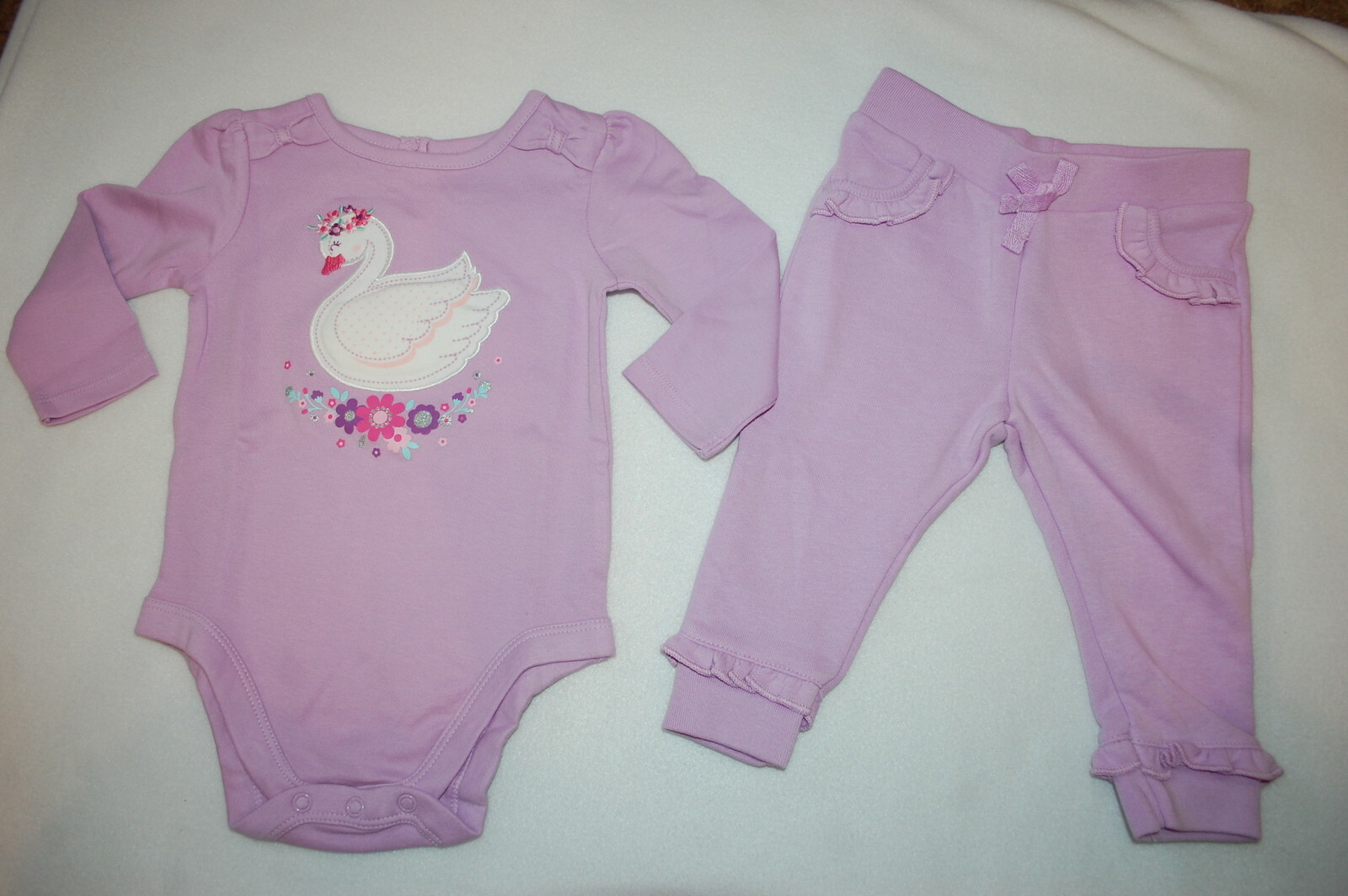 Baby Girls PURPLE L/S SHIRT & KNIT PANTS Swan Flowers 0-3 3-6 6-9 12 18 24 MO