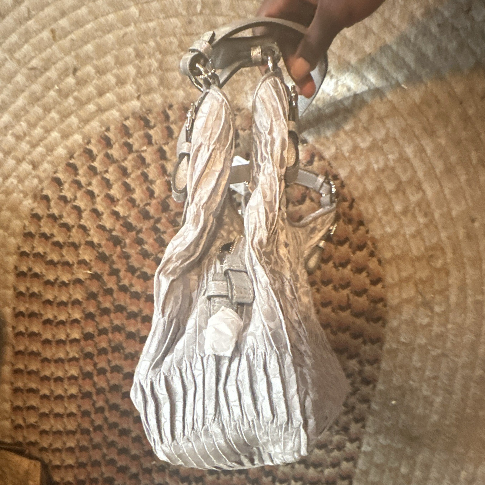 Coach Madison Maggie Large Metallic Silver Shoulder Bag Zip Ruched and Pleated